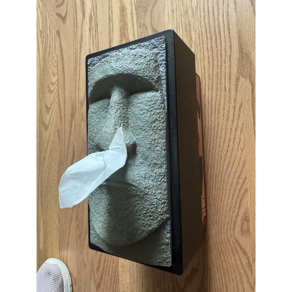 New Moai Easter Island Head Tissue Box Cover Stone Look Resin Novelty Decor Gray